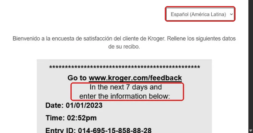 Kroger feedback survey in Spanish with the Español language option and sample receipt showing the 7 day window