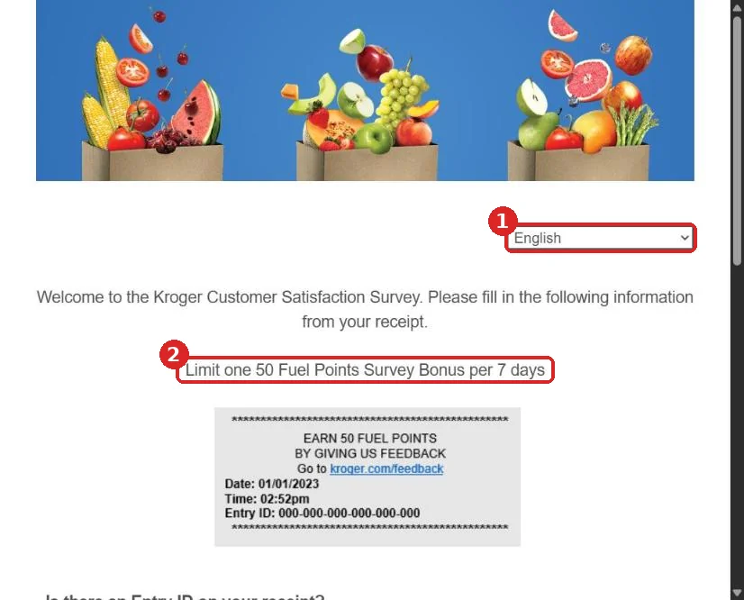 Kroger feedback survey welcome page with the language menu and the 50 points bonus limit highlighted