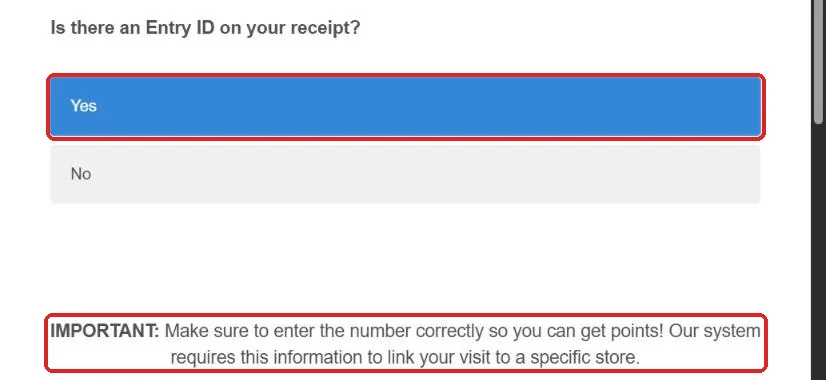 Yes selected for Entry ID on the Kroger survey with the important notice about entering the number correctly