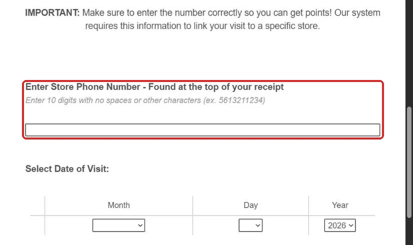 Kroger survey field asking for the store phone number found at the top of the receipt